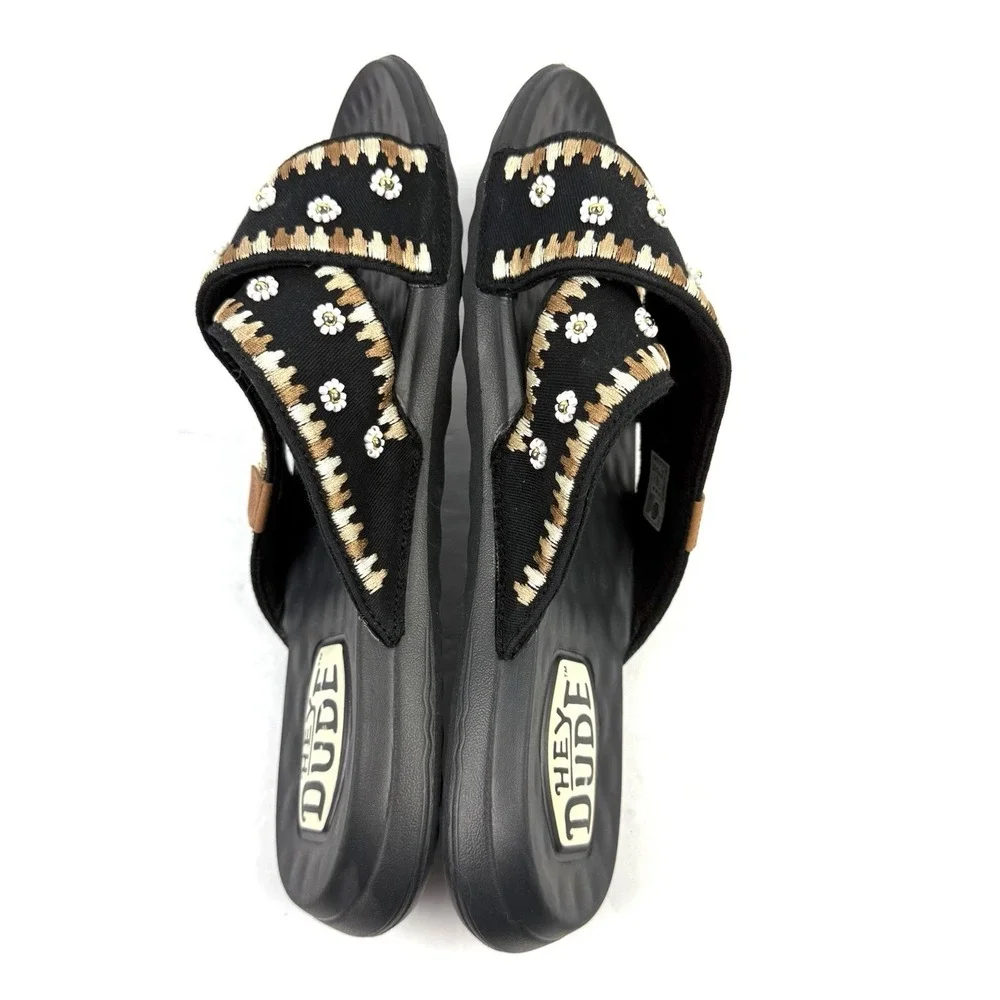 Hey Dude Christi Slides 10 Black‎ Embroidered Womens Slip On Shoes